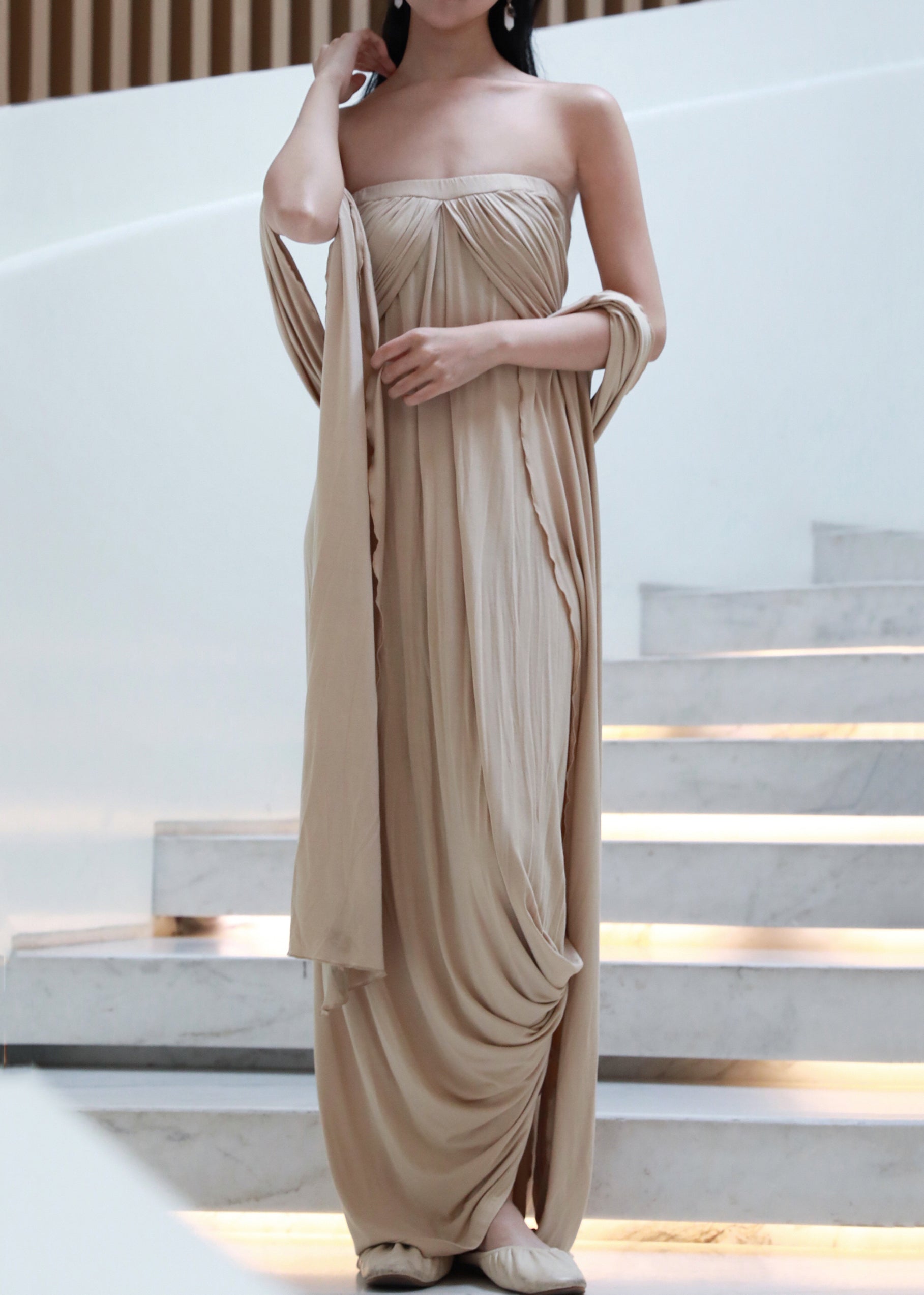 The Off Dresses Wrinkled Cotton French Long Khaki Shoulder FashionChic