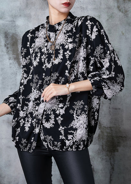 Plus Size Black Stand Collar Print Chiffon Shirts Summer PZGY-LTP240826