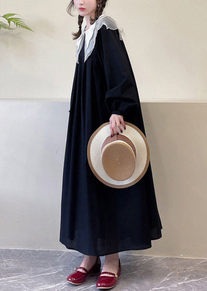 Black Pockets Cotton Dress Peter Pan Collar Long Sleeve NN043 shopify