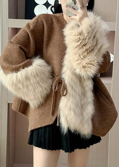 Elegant Caramel Fox Collar Patchwork Tie Waist Woolen Coats Fall RY016 ABC