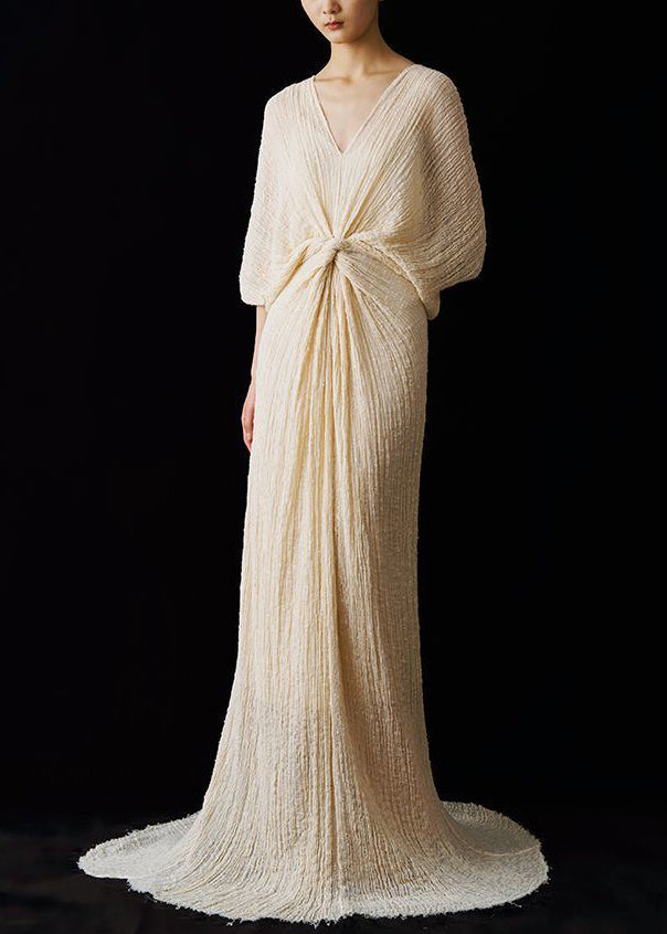 Up Italian Summer Dress Neck Lace Wrinkled Ankle V FashionChic