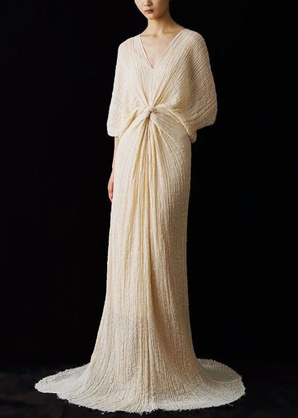 Up Italian Summer Dress Neck Lace Wrinkled Ankle V FashionChic