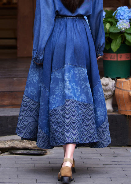 Casual Denim Blue Print Tie Waist Maxi Skirt Summer NN016 shopify