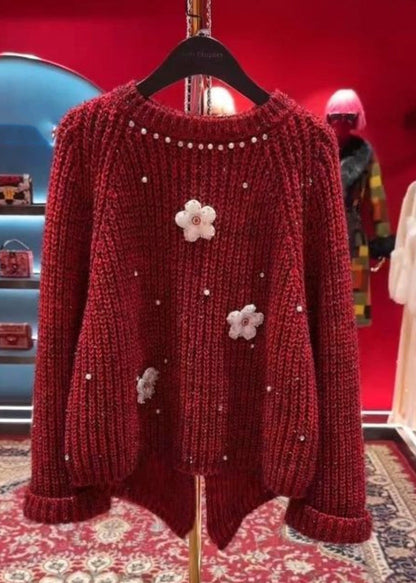 Stylish Red O-Neck Floral Nail Bead Thick Cotton Knit Sweater Tops Winter WD037 OL-NTP241103