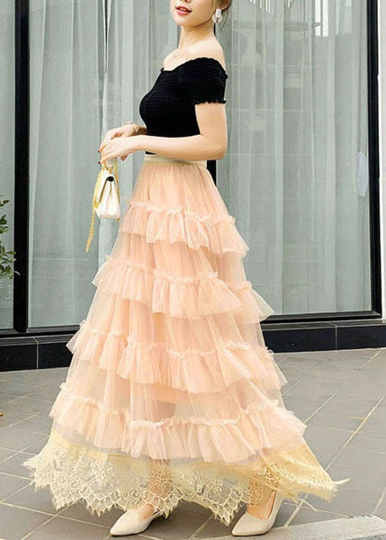 Cute Apricot Wrinkled Lace Patchwork Tulle Skirts Spring AZ1021 shopify