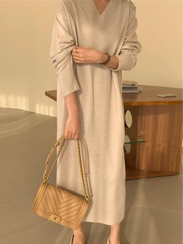 Urban Apricot V-Neck Long Sleeve Knit Dress AN1075 Genistyle Shop