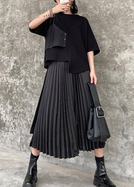 Loose Black Asymmetrical Patchwork Cotton Pleated Skirt Summer AJ1012 shopify