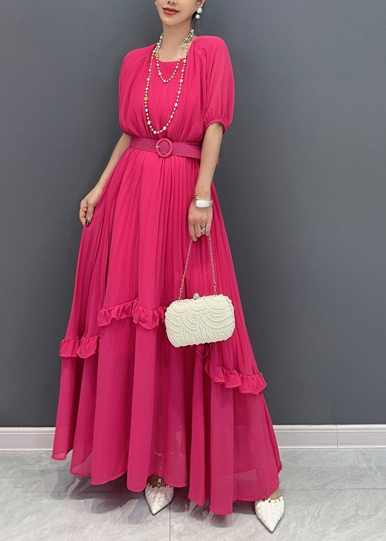 Natural Red Ruffled Patchwork Sashes Chiffon Long Dress Summer AO1047 JDML-SDL240909