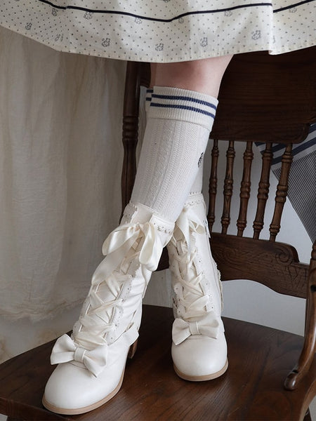 with Hem Bow Sweet Beige Mid-Heel Design in PU Leather Scalloped Matte Boots FashionChic