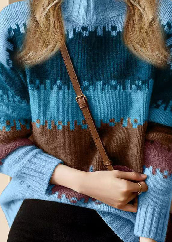 Loose Blue O Neck Thick Patchwork Knit Sweater Winter WV033 ABC