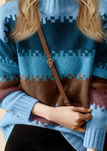 Loose Blue O Neck Thick Patchwork Knit Sweater Winter WV033 ABC