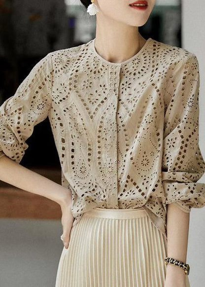 Khaki Out Hollow Blouses Women Sleeve O Light Cotton Long Neck FashionChic