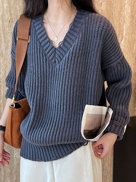 Urban Fuchsia V-Neck Long Sleeve Knit Sweater AN1046 Genistyle Shop