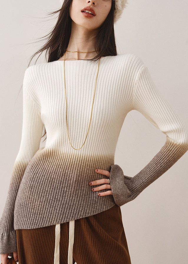 Elegant White Gradient Slash Neck Slim Knit Sweaters Fall WS018 shopify