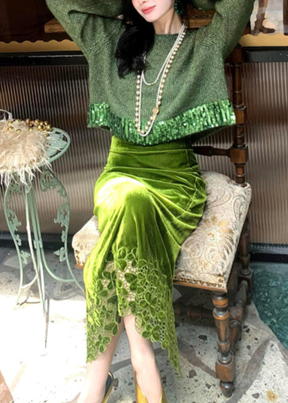 Fashion Green Hollow Out Cotton Knit Sweaters And Maxi Skirts Two Piece Set Winter WV002 ABC