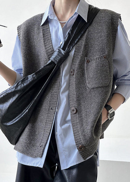 Loose Dark Gray V Neck Button Knit Vest Sleeveless AF1042 HS-NCT240914