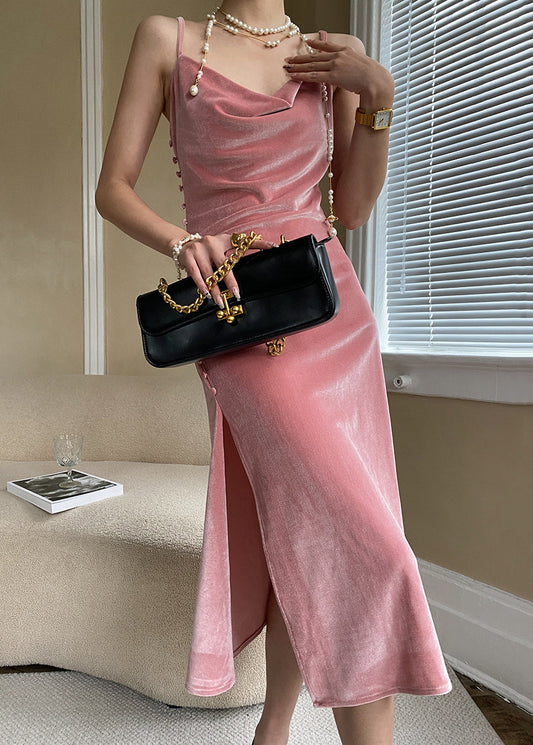 Sexy Pink Button Side Open Silk Velvet Spaghetti Strap Dress Sleeveless AF1020 HS-SDL240914