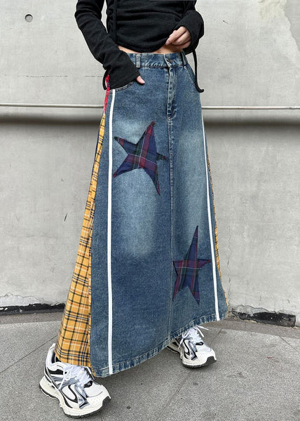 Yellow Patchwork High Spring Denim Waist Skirts Button Plaid FashionChic