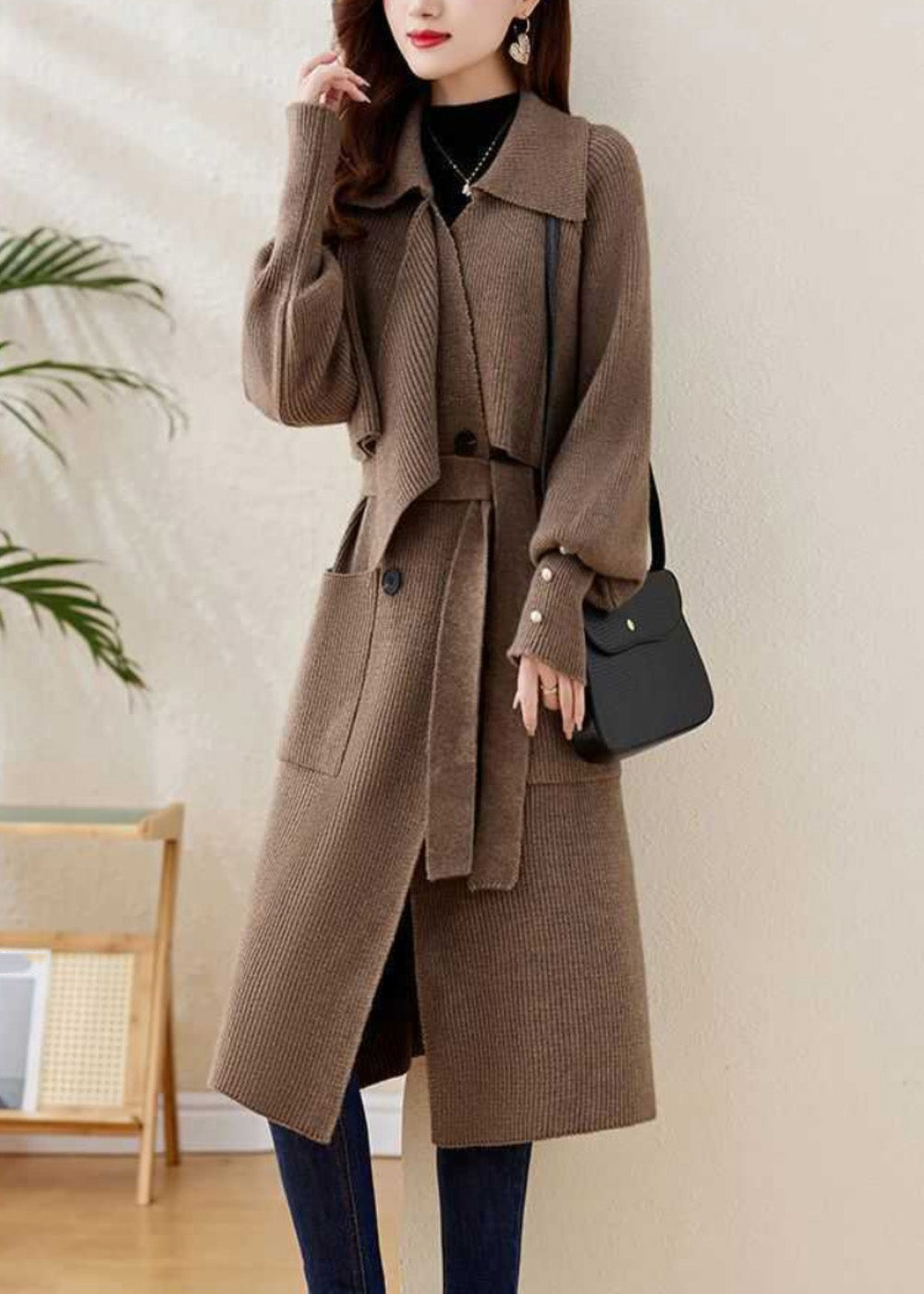 Elegant Grey Peter Pan Collar Tie Waist Knit Coats Winter WD028 OL-NCT241103