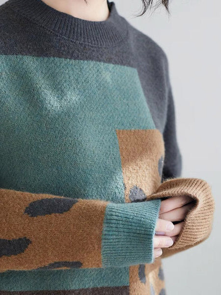 Original Brown Round-Neck Contrasting Color Blocks Leopard Long Sleeve Sweater AN1048 Genistyle Shop