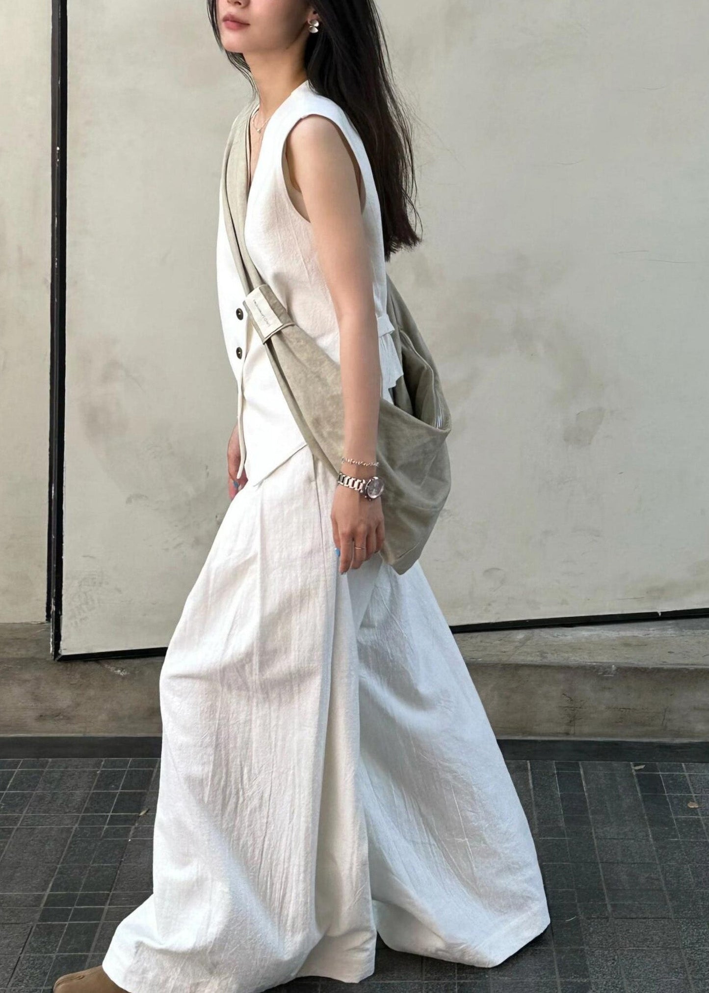 Vogue White V Neck Button Linen Waistcoat And Wide Leg Pants Two Piece Set Summer AN1030 Genistyle Shop