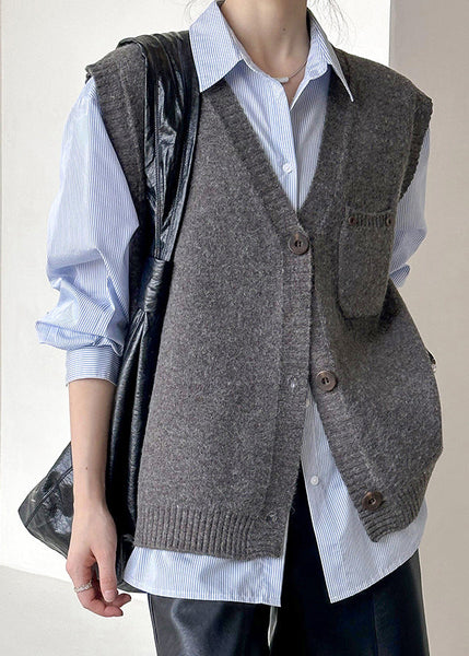 Loose Dark Gray V Neck Button Knit Vest Sleeveless AF1042 HS-NCT240914