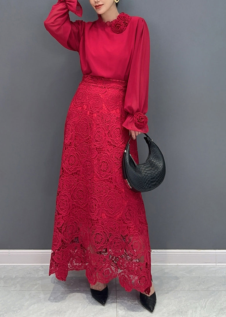 Fine Red Rose Lace Shirts And Maxi Skirts Two Pieces Set Fall AO1033 JDML-TPIEC240909