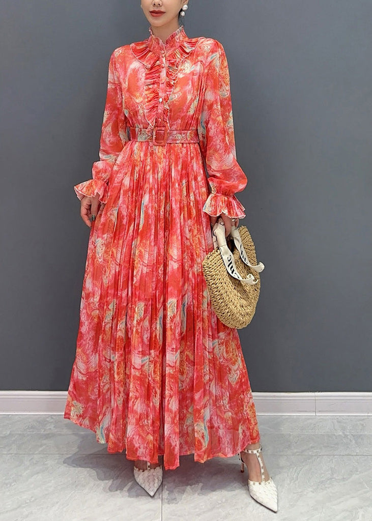 Fashion Red Stand Collar Print Sashes Chiffon Long Dress Long Sleeve AO1035 JDML-FDL240909