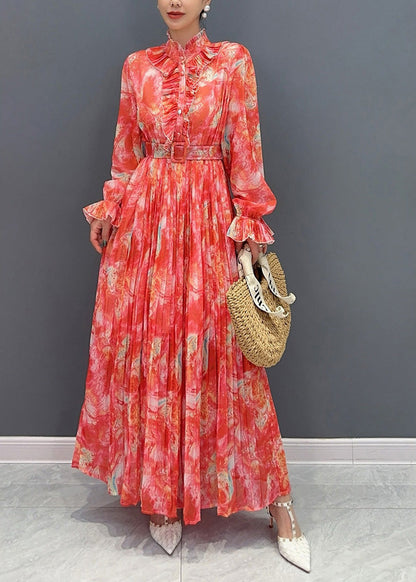 Collar Print Fashion Long Stand Chiffon Sashes Dress Red FashionChic