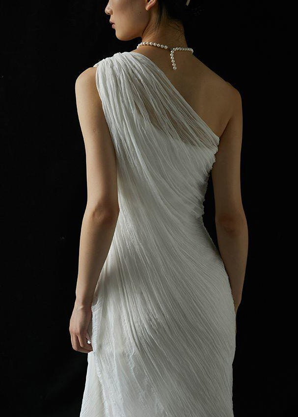 Wrinkled Solid Shoulder Dress Silk Cold Maxi Summer Art White FashionChic
