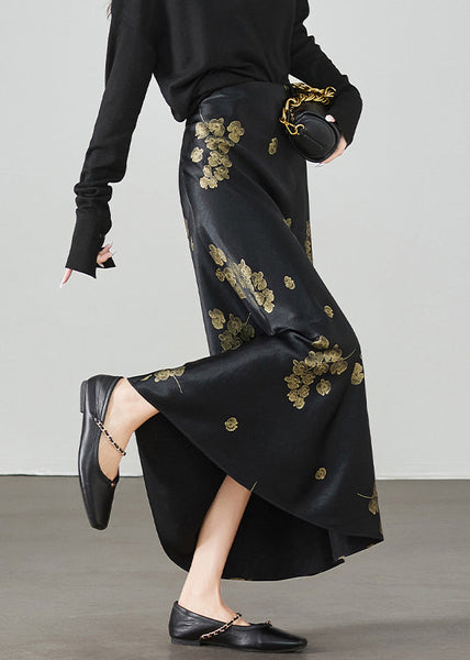 Print New Waist High Summer Skirt Silk Black FashionChic