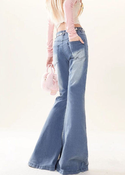 Butterfly Embroidered Style Bottoms Blue Flare Denim Patchwork FashionChic