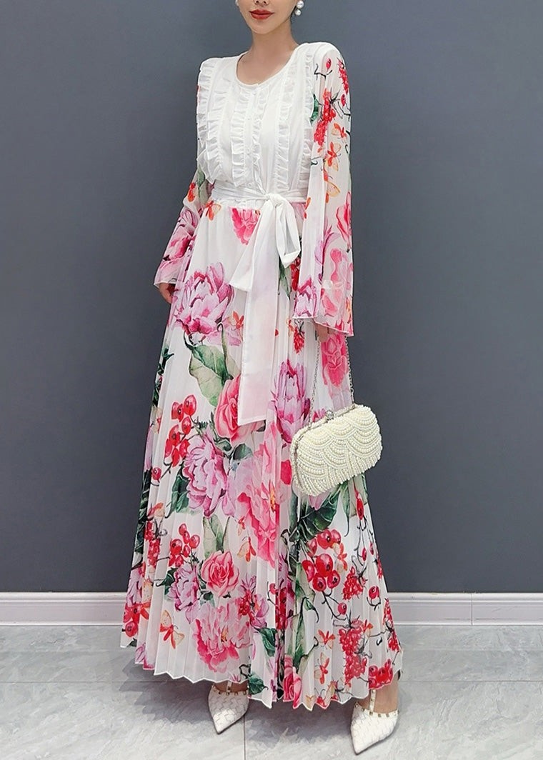 Fashion White O-Neck Ruffled Patchwork Tie Waist Chiffon Long Dress Long Sleeve AO1034 JDML-FDL240909