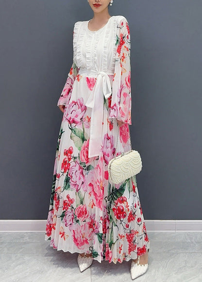 Fashion White O-Neck Ruffled Patchwork Tie Waist Chiffon Long Dress Long Sleeve AO1034 JDML-FDL240909