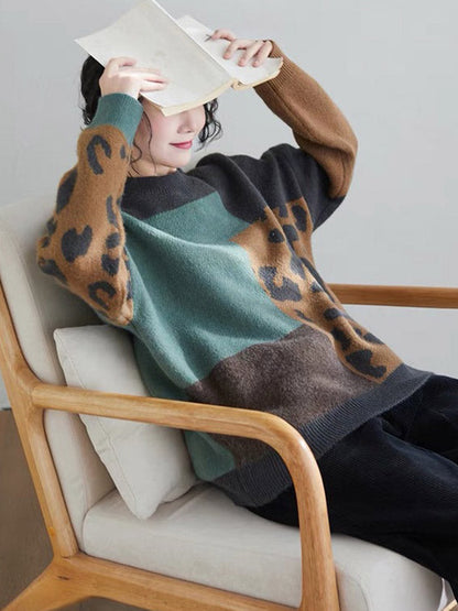 Original Brown Round-Neck Contrasting Color Blocks Leopard Long Sleeve Sweater AN1048 Genistyle Shop