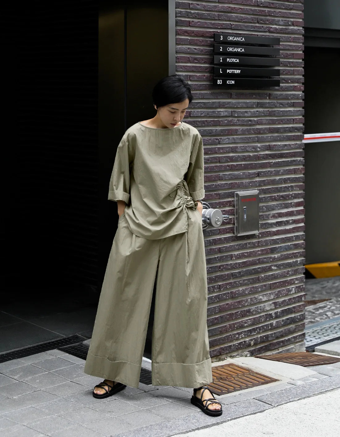 Casual Cotton Top Drawstring Sleeve Khaki Half Asymmetrical FashionChic