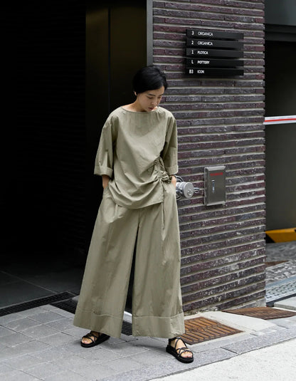 Casual Cotton Top Drawstring Sleeve Khaki Half Asymmetrical FashionChic