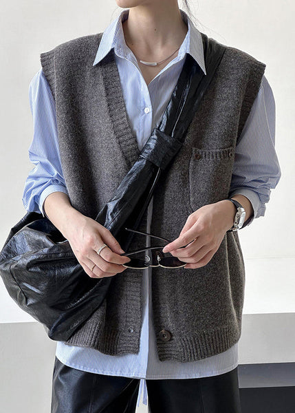 Loose Dark Gray V Neck Button Knit Vest Sleeveless AF1042 HS-NCT240914