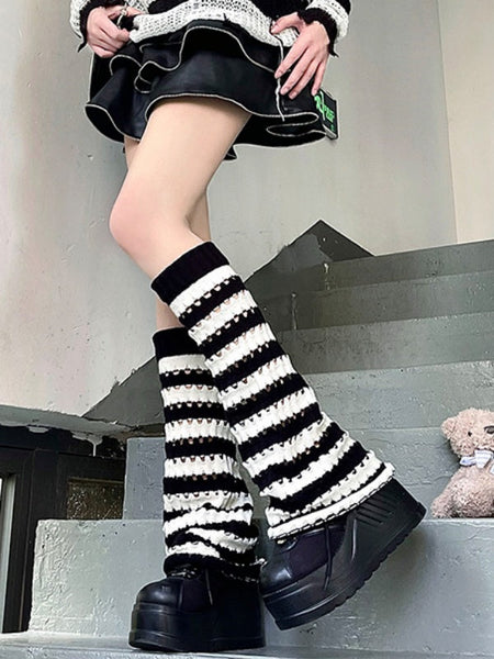 Knitted 3 Colors Design Cut-out Leg Warmers Striped Pattern FashionChic