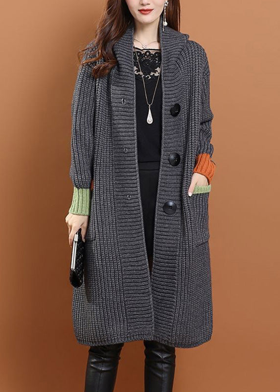 Handmade Grey Pockets Button Cotton Knit Long Hooded Cardigans Winter WD027 OL-NCT241103
