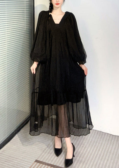 Summer New Watermelon Red V Neck Wrinkled Puff Sleeve Long Dress AO1050 JDML-FDL240909