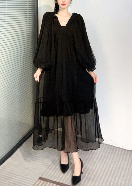 Summer New Watermelon Red V Neck Wrinkled Puff Sleeve Long Dress AO1050 JDML-FDL240909