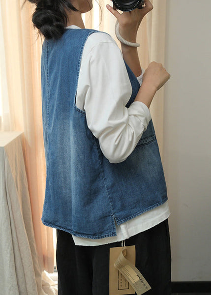 Natural Blue O Neck Button Denim Vest Sleeveless QC004 shopify