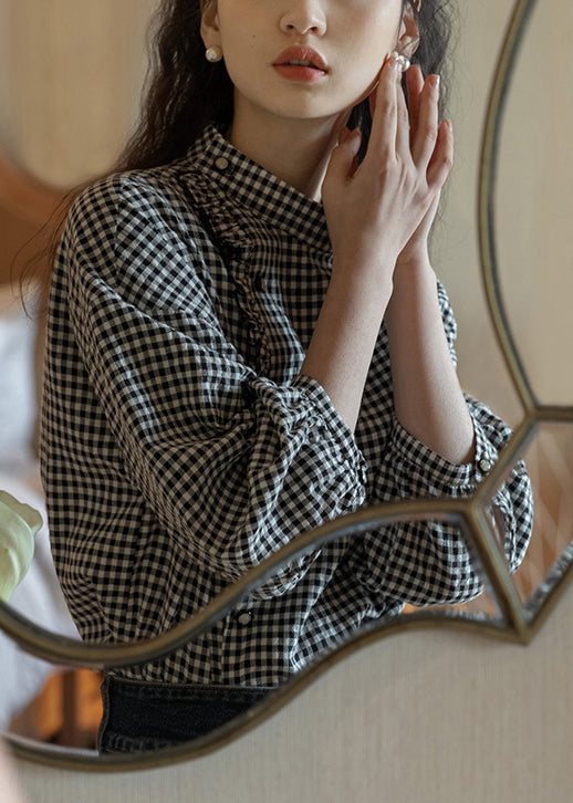 French Plaid Stand Collar Ruffled Cotton Shirt Long Sleeve EE013 shopify