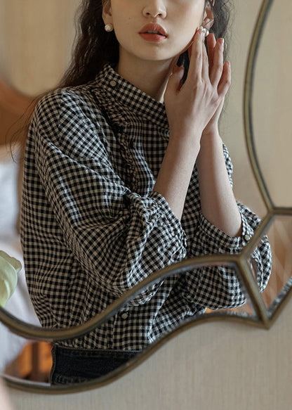 French Plaid Stand Collar Ruffled Cotton Shirt Long Sleeve EE013 shopify