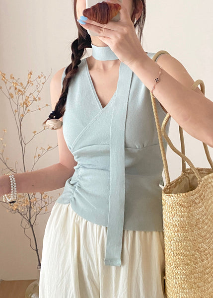 Handmade Black V Neck Wrinkled Scarf Knit Vest Summer AN1029 Genistyle Shop