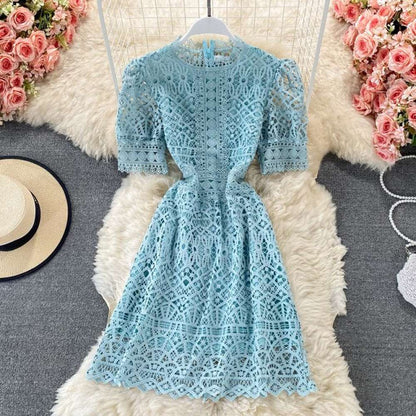 Chic Pink O-neck Hollow Out Lace High Waist Puff Sleeve Mini Dress AR1010 shopify