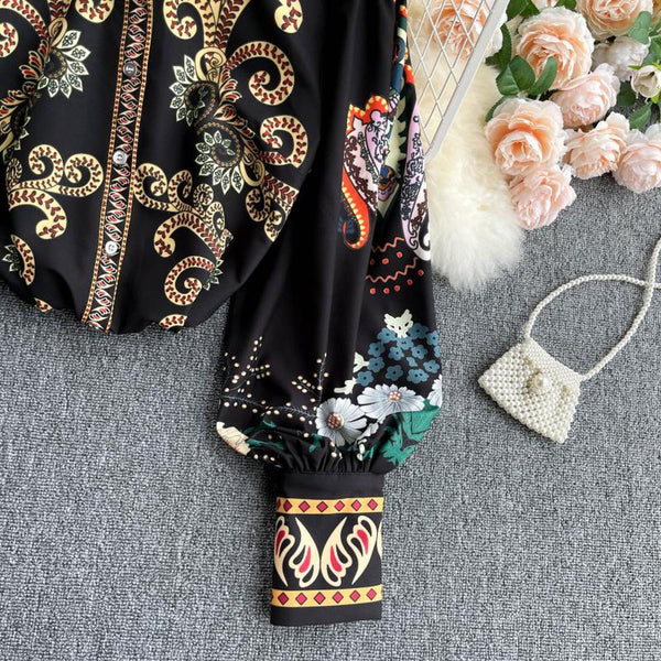 Retro Black Lapel Field Totem Print Buttoned Lantern Sleeve Blouse AR1004 shopify