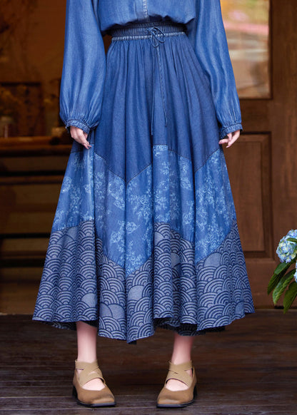 Casual Denim Blue Print Tie Waist Maxi Skirt Summer NN016 shopify
