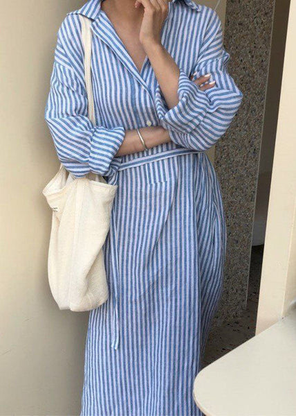 Pan Peter Dress Spring Modern Shirts Blue Collar Striped Cotton FashionChic